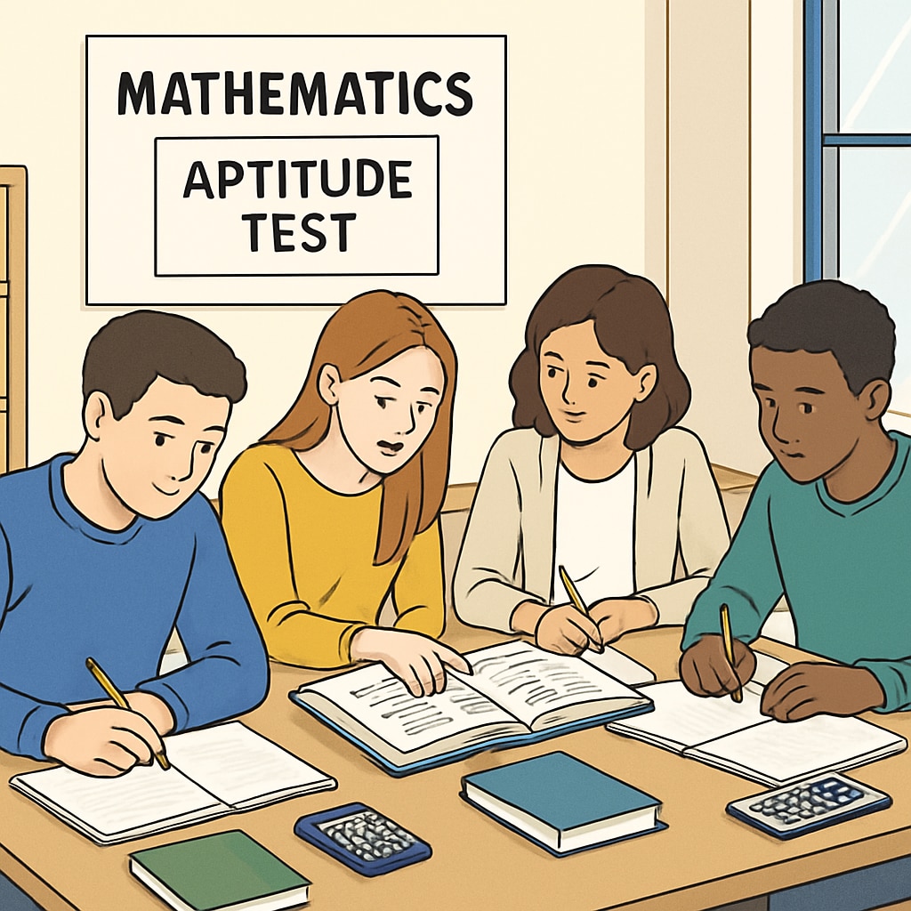 A professional image of students preparing for a mathematics aptitude test, with study materials and calculators visible. Students studying for a mathematics aptitude test, with campus recruitment materials.