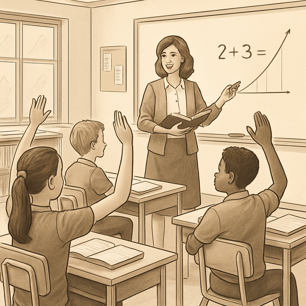 A classroom filled with engaged students and a teacher explaining a lesson, illustrating active learning in a public school. Public school classroom with engaged students and a teacher explaining a lesson.