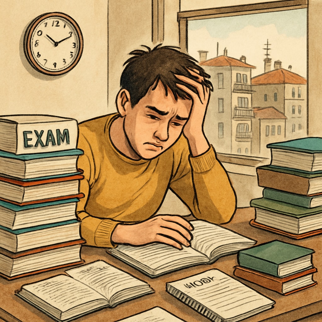 Stressed student surrounded by study materials, illustrating exam-driven education challenges in Turkey.