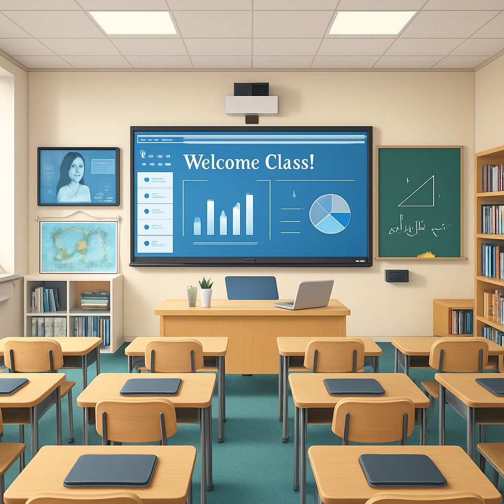 A modernized public school classroom equipped with digital tools and resources, showcasing innovative upgrades to compete with private schools. Upgraded public school classroom with digital tools and resources.