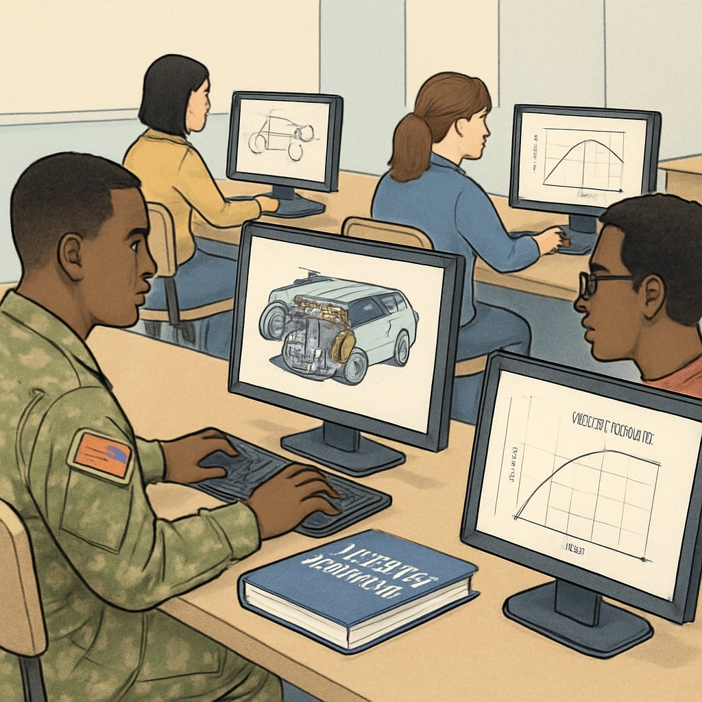 Students learning automotive engineering with a military veteran in class