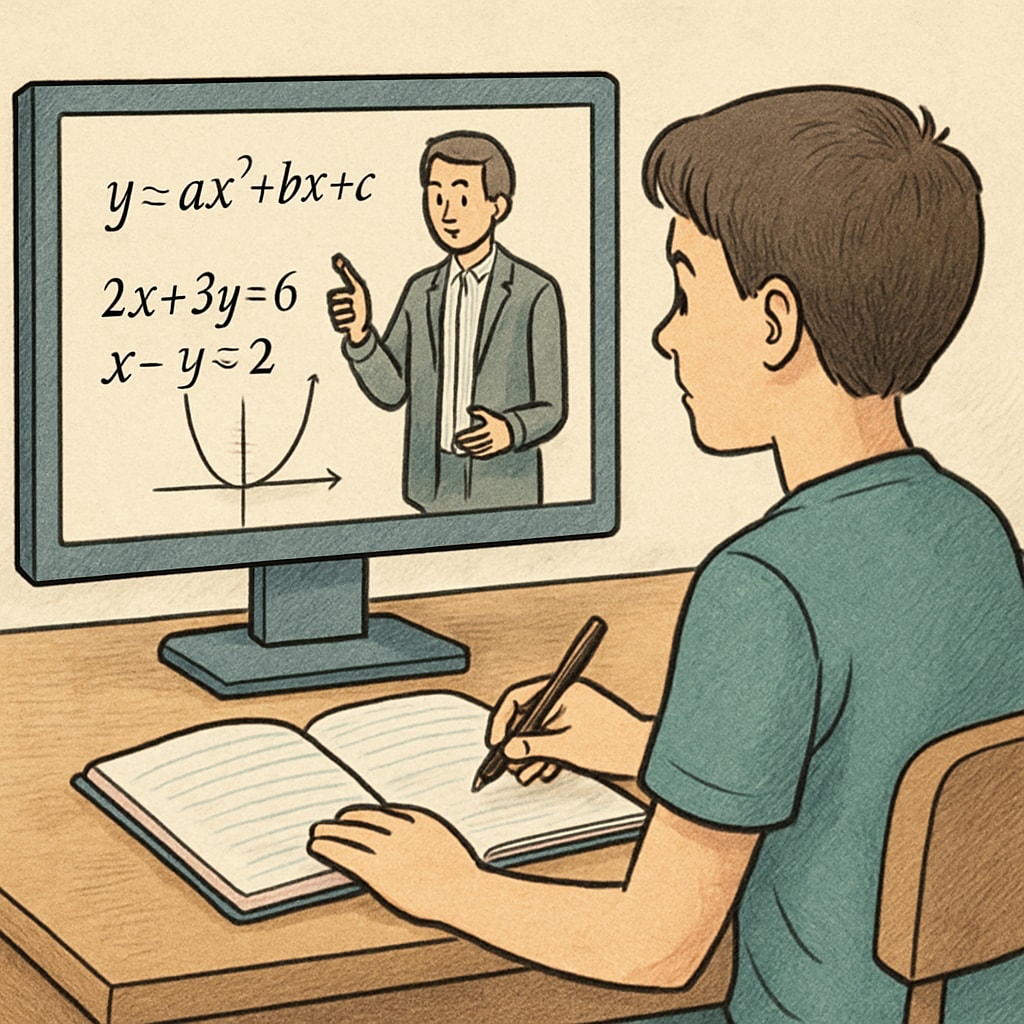A student watching a math tutorial on YouTube, sitting at a desk with a notebook and pen, ready to take notes. A student watching a math tutorial on YouTube to prepare for campus recruitment tests.
