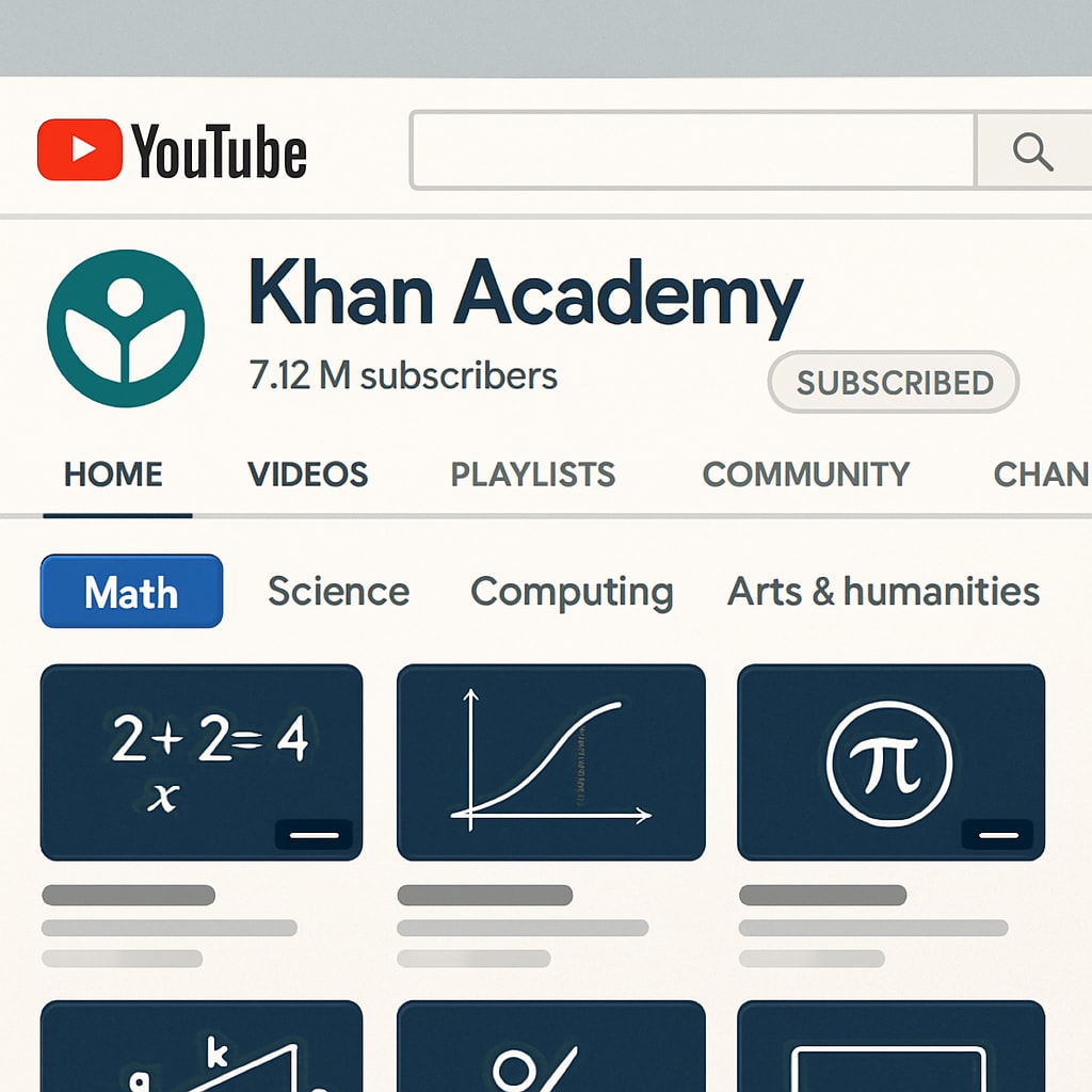 A screenshot of the Khan Academy YouTube channel homepage, with the math section highlighted to show its tutorials. Khan Academy YouTube channel homepage featuring math tutorials for test preparation.