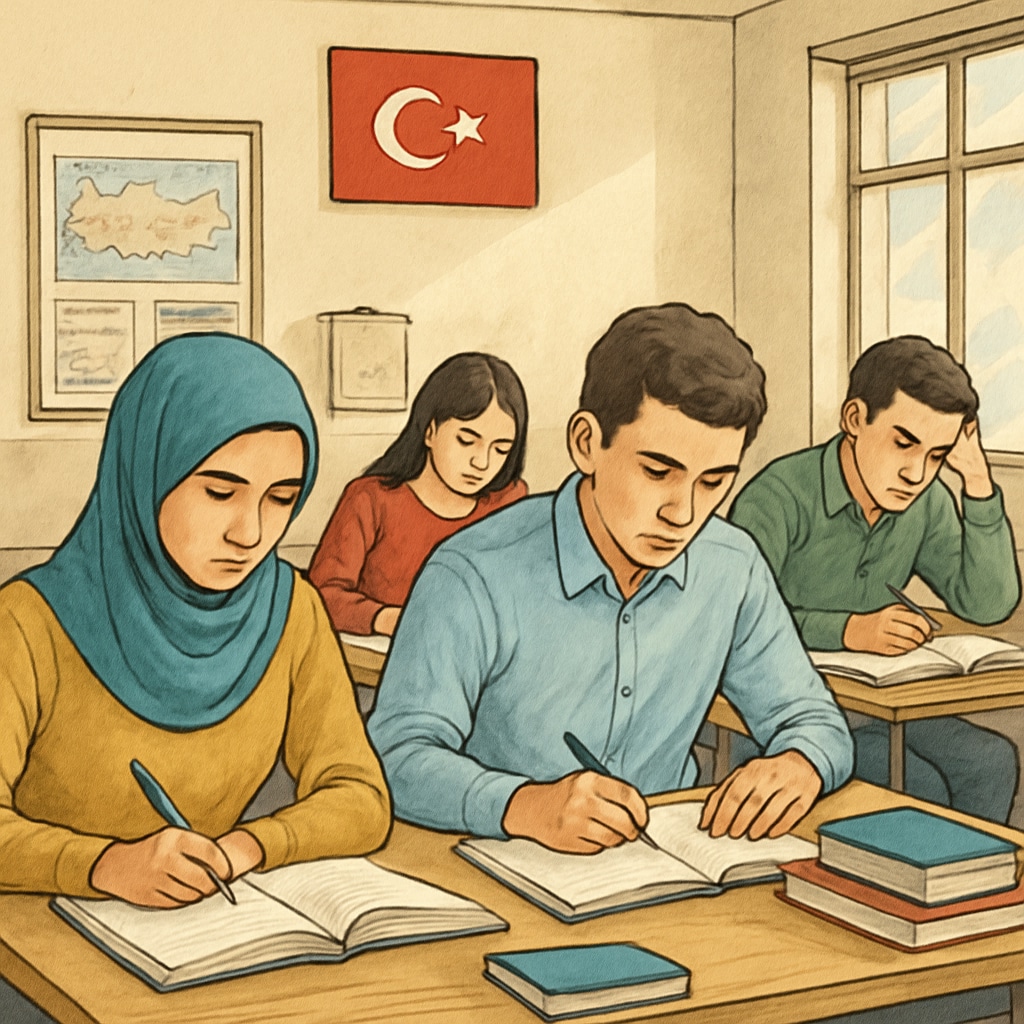 Turkish students in a classroom preparing for centralized exams, reflecting exam pressure.