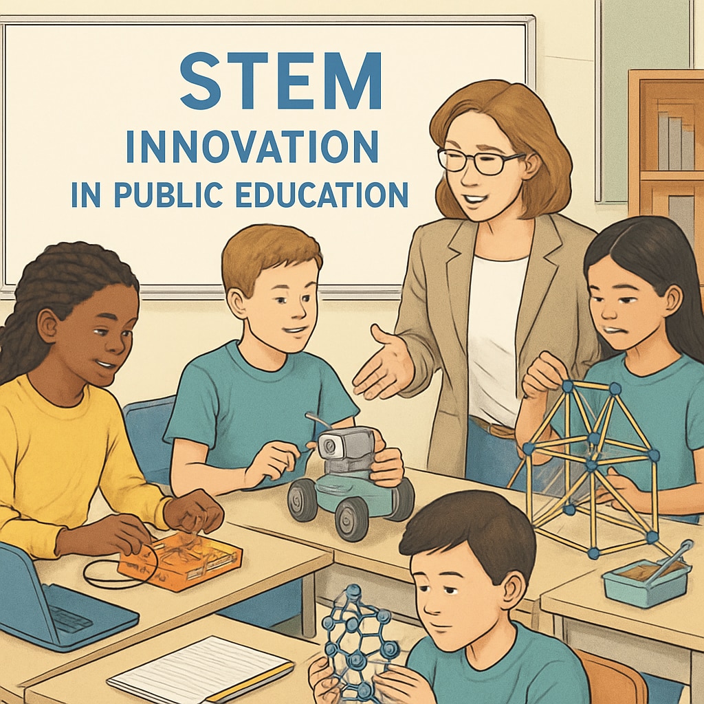 A classroom with students and a teacher engaging in a STEM activity, symbolizing innovation in public education. Students and teacher working on a STEM project in a public school classroom.