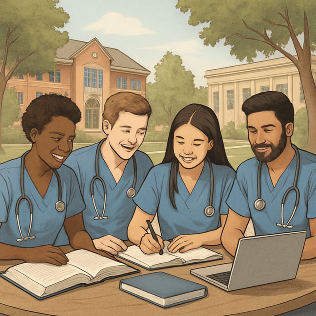 A diverse group of nursing students studying together on a university campus, symbolizing collaboration and academic focus. Nursing students studying on campus, representing transfer students balancing education and campus life.