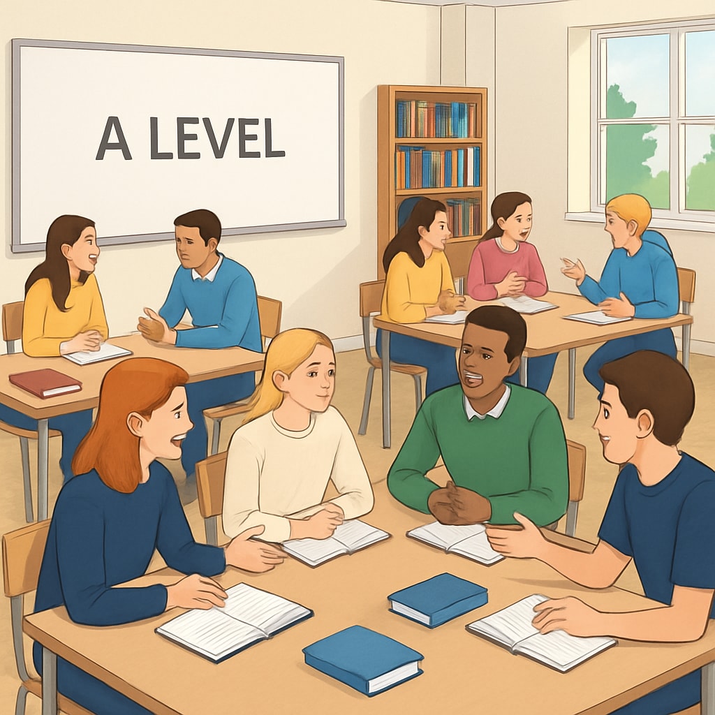UK students discussing in groups, showcasing student choice in A Level education.