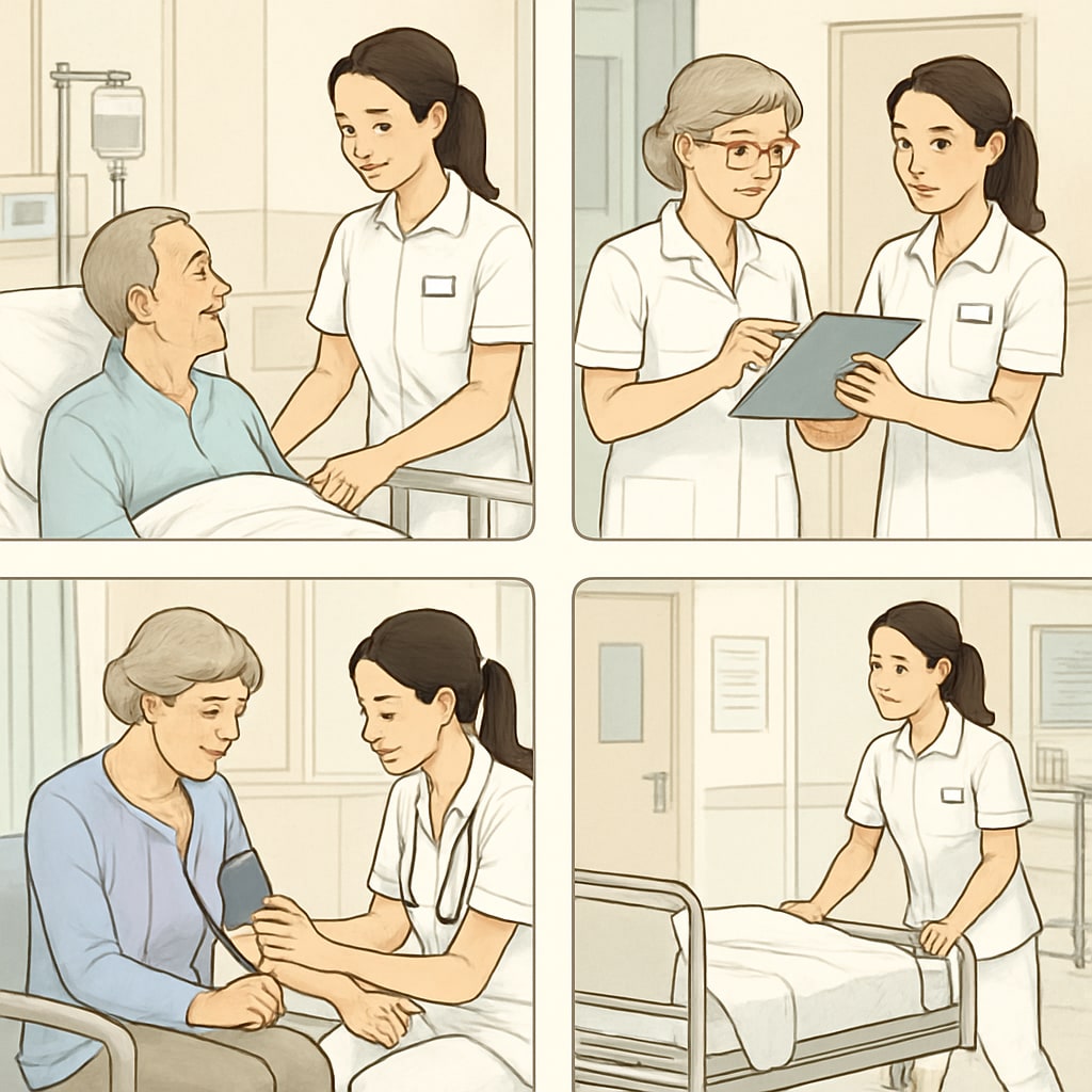 A nursing student volunteering at a local hospital, interacting with patients and staff to gain practical experience. Nursing student gaining hands-on experience during a hospital volunteer session.