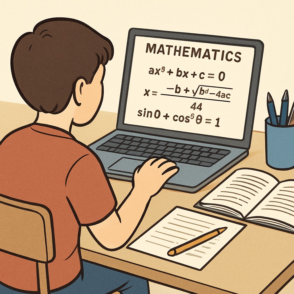 A student studying mathematics online using a laptop, with math formulas visible on the screen. Math skills preparation for campus recruitment tests, with formulas on laptop display.