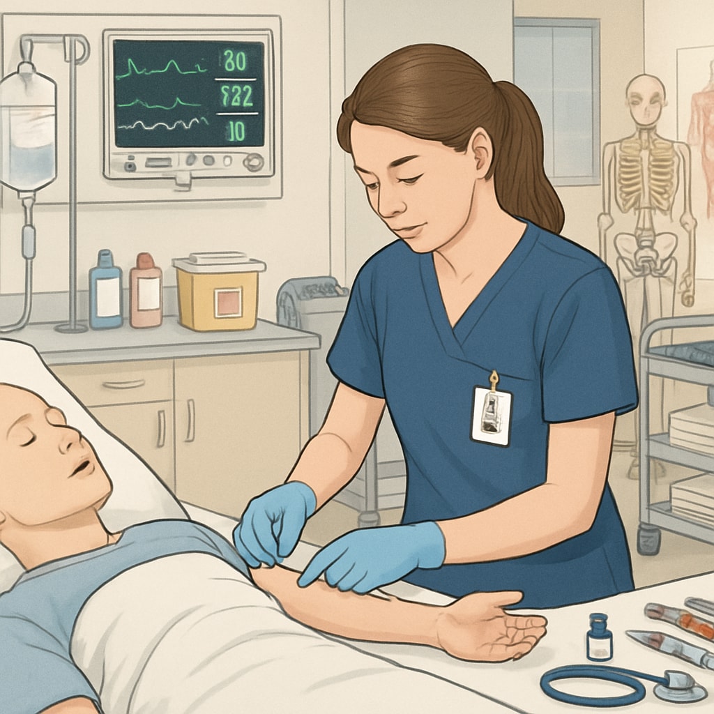 A nursing student practicing clinical skills in a modern university lab setting. Nursing student practicing clinical skills in university lab.