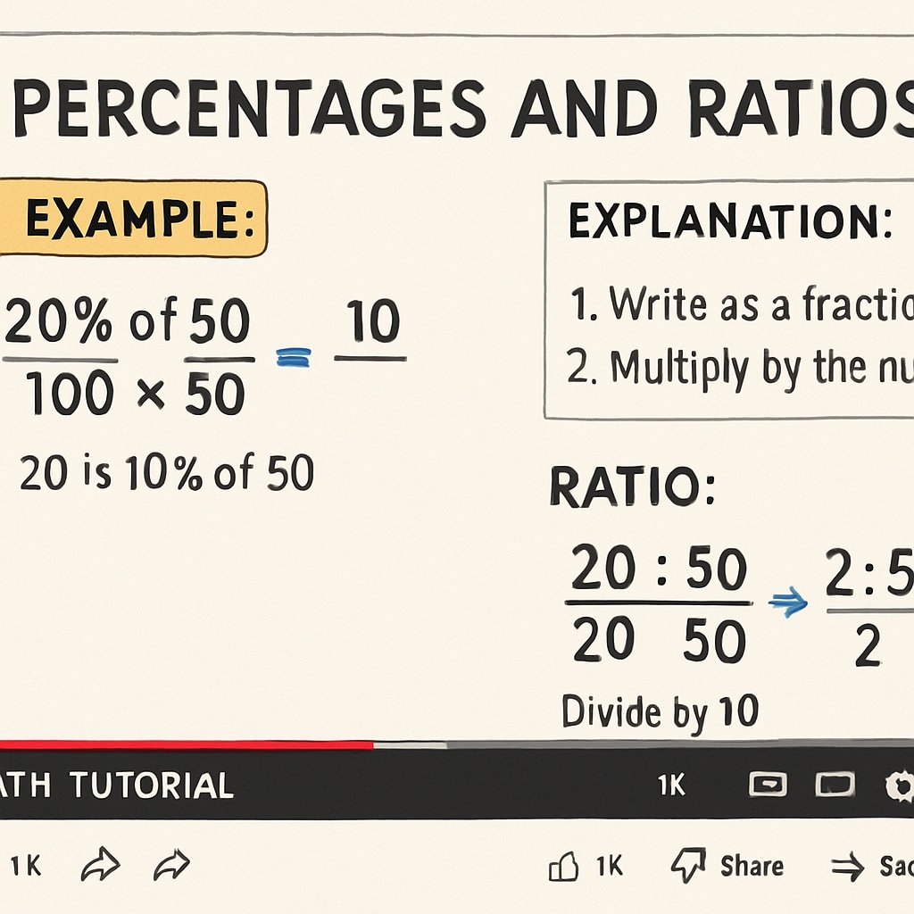 A screenshot of a YouTube math tutorial featuring percentages and ratios, with annotations explaining the steps. YouTube math tutorial explaining percentages and ratios for test preparation.