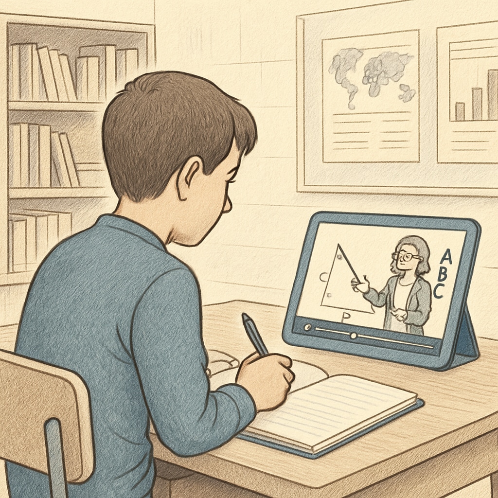 A student watching an educational short video on a tablet while taking notes. Student watching an educational short video on a tablet.