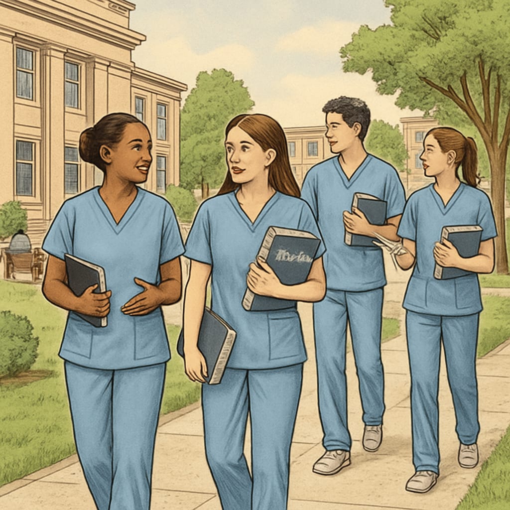 A university campus with nursing students walking and discussing their studies. Nursing students walking on campus discussing their studies.