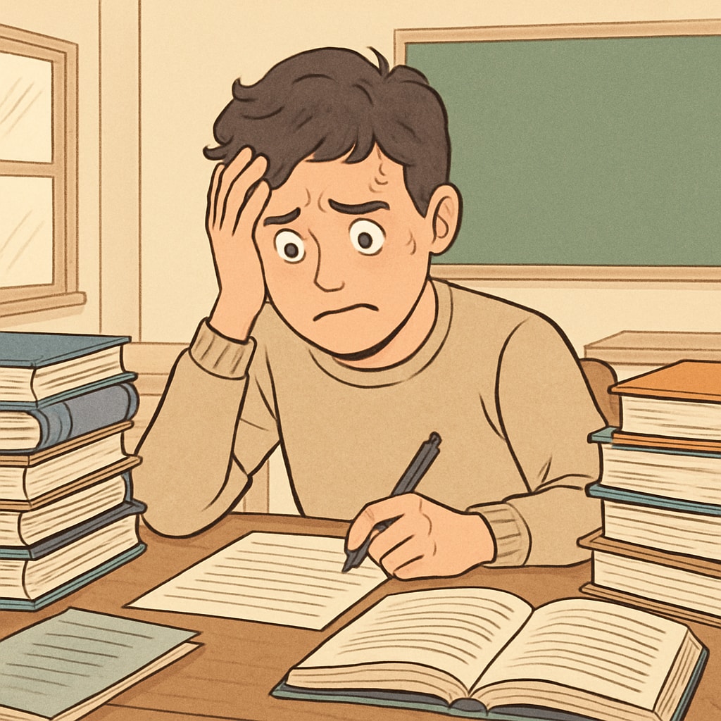 A student sitting at a desk, surrounded by books, overwhelmed with anxiety about exams. A student experiencing academic anxiety while preparing for GCSE exams.