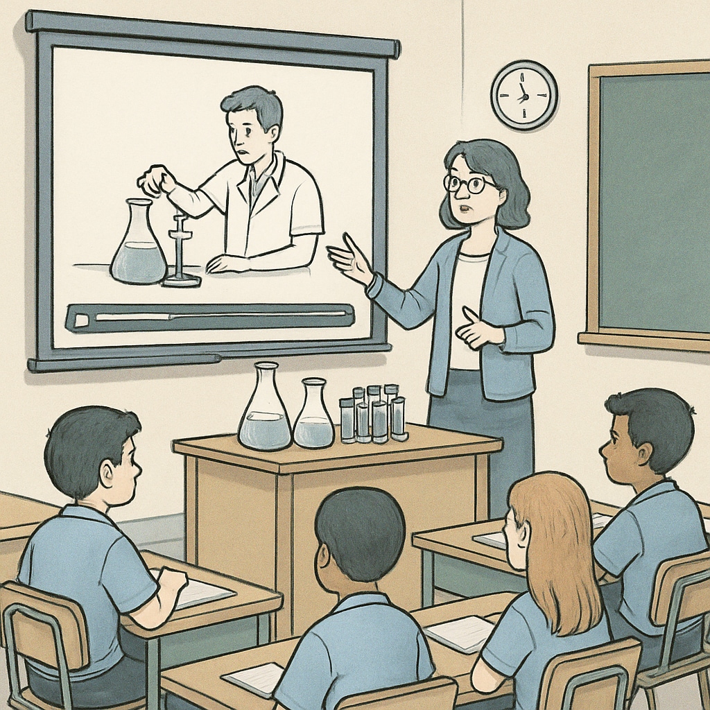 A classroom setting where a teacher uses a short video to explain a science experiment. Teacher using a short video in a classroom to explain a science experiment.