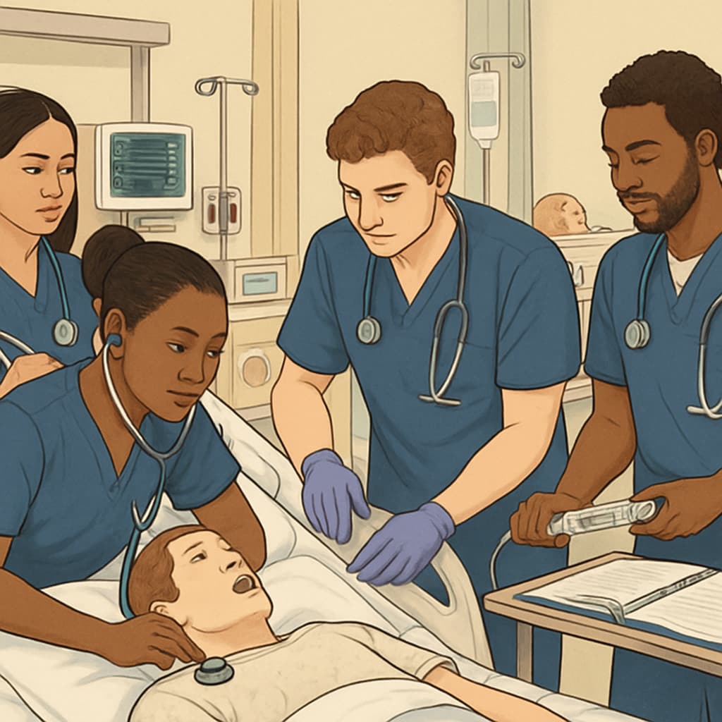 A diverse group of nursing students working together in a clinical simulation lab. This image highlights collaboration, a key aspect of nursing programs. Nursing students in a clinical lab, representing nursing programs and college transfers.