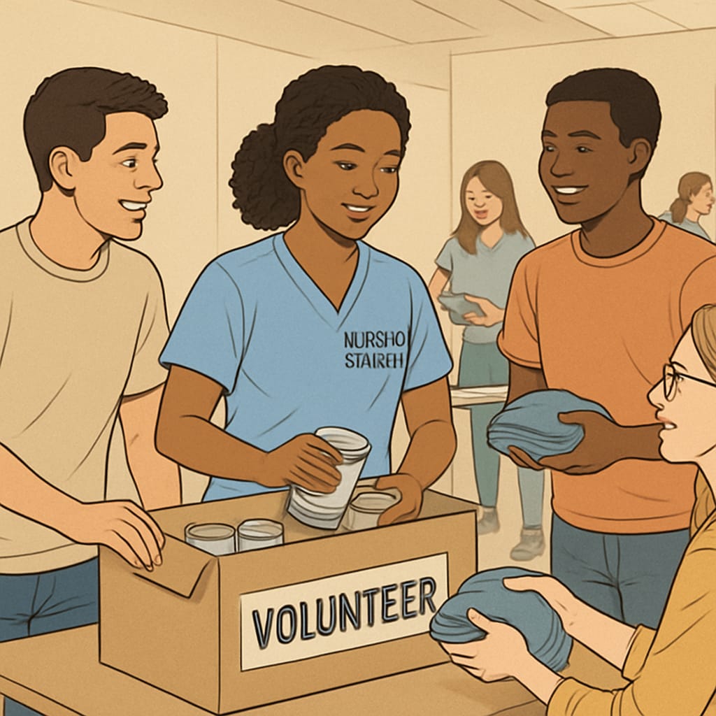 A nursing student participating in a campus volunteer event, surrounded by peers. This showcases the social life aspect of college. Nursing student engaging in campus life, emphasizing balance with academic rigor.
