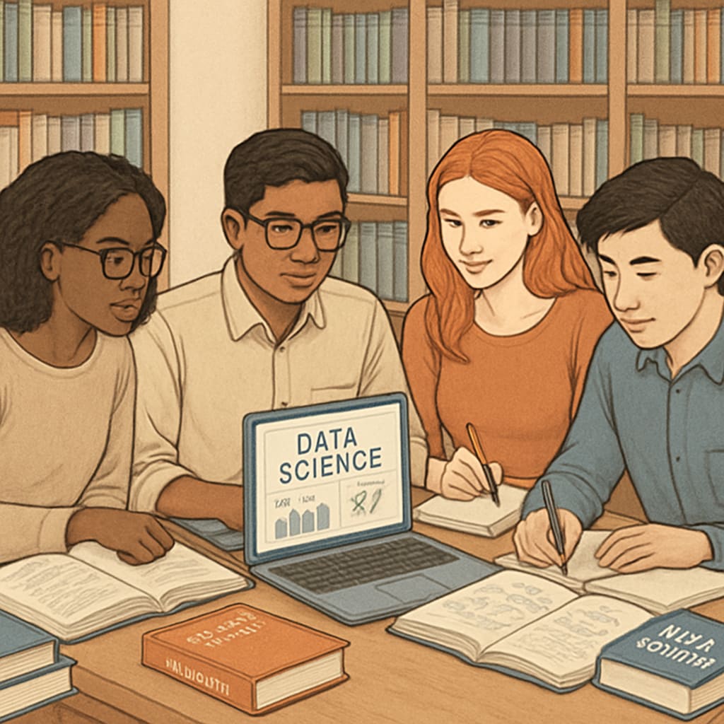 International students learning data science concepts together in a library.