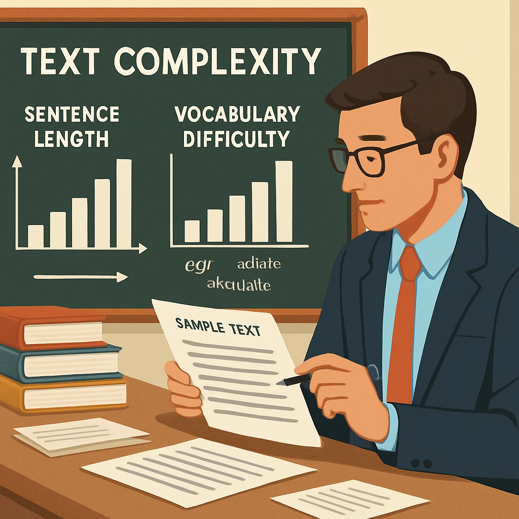 A visual representation of text complexity metrics, such as sentence length and vocabulary difficulty, with a teacher analyzing text samples. Chart showing text complexity factors like vocabulary difficulty, with a teacher reviewing materials.