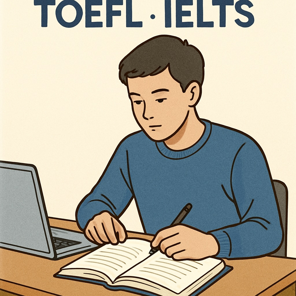 A student preparing for TOEFL or IELTS exams with study materials.