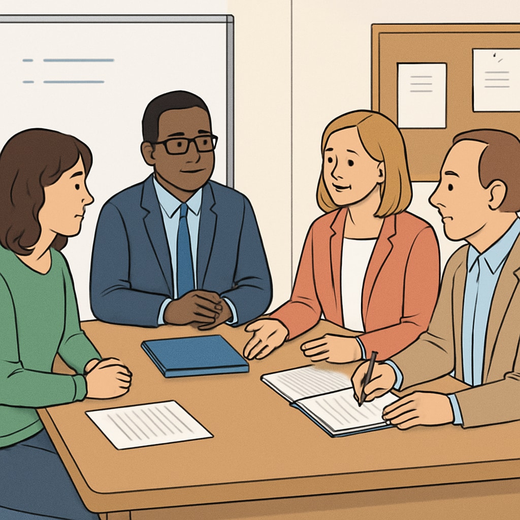 A parent meeting with school administrators, discussing accommodations for a child with mental health needs. Parent discussing school accommodations for a child with ADHD and mental health challenges.