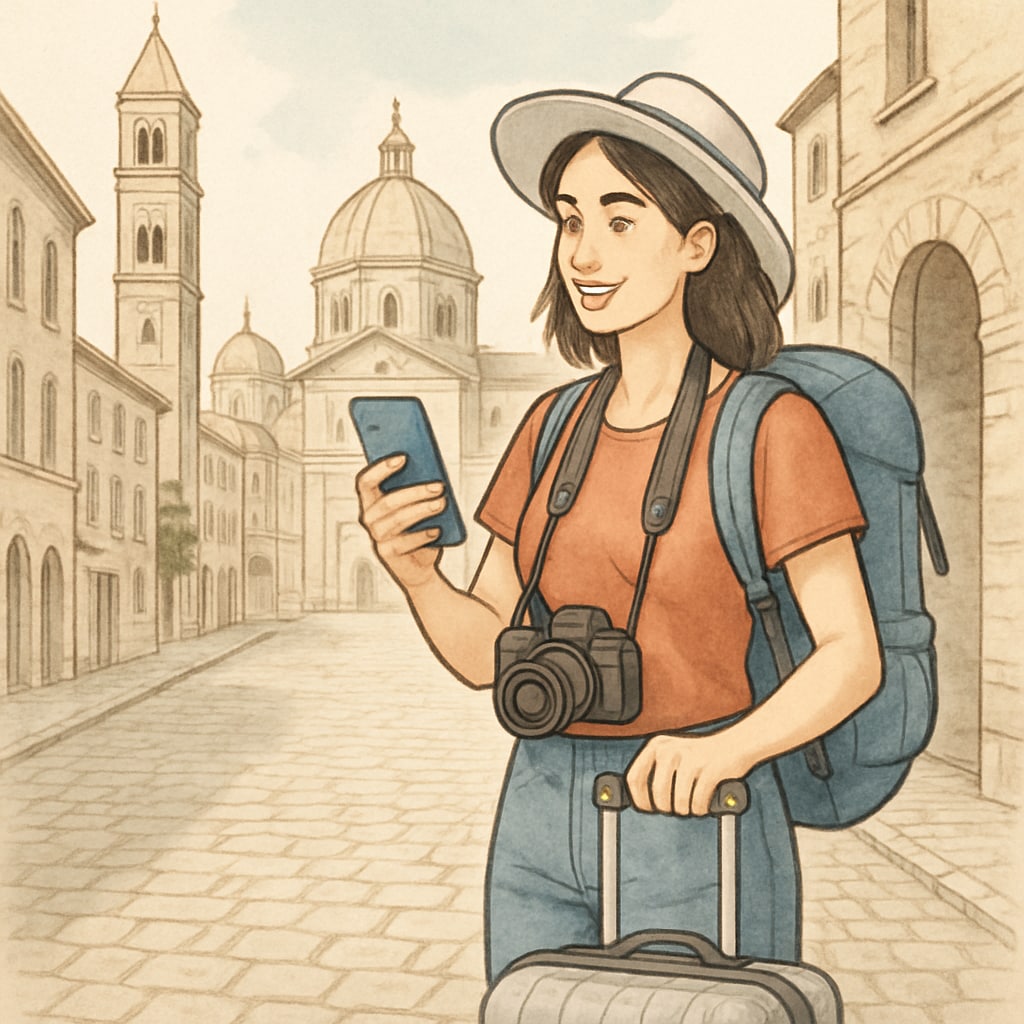 A short-form video still featuring a travel influencer in a scenic destination.