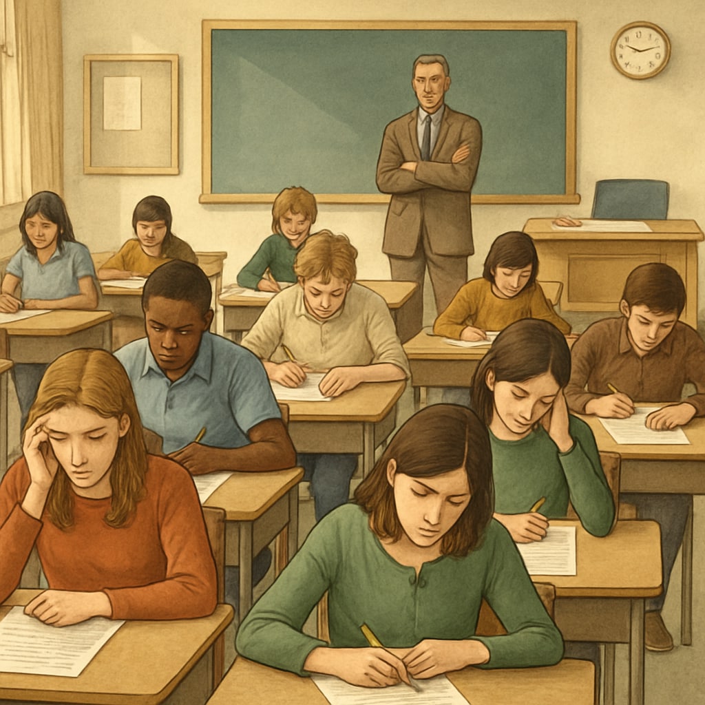 A classroom full of students taking an exam, symbolizing the pressure of Turkey's centralized system. Students taking a centralized exam in Turkey, highlighting exam pressure.