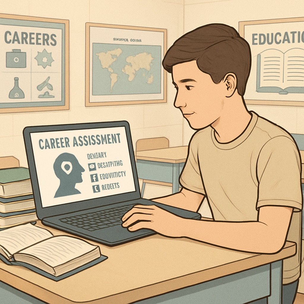 A high school student using a career assessment tool on a laptop in a classroom setting. High school student assessing career options for IT direction using a laptop.