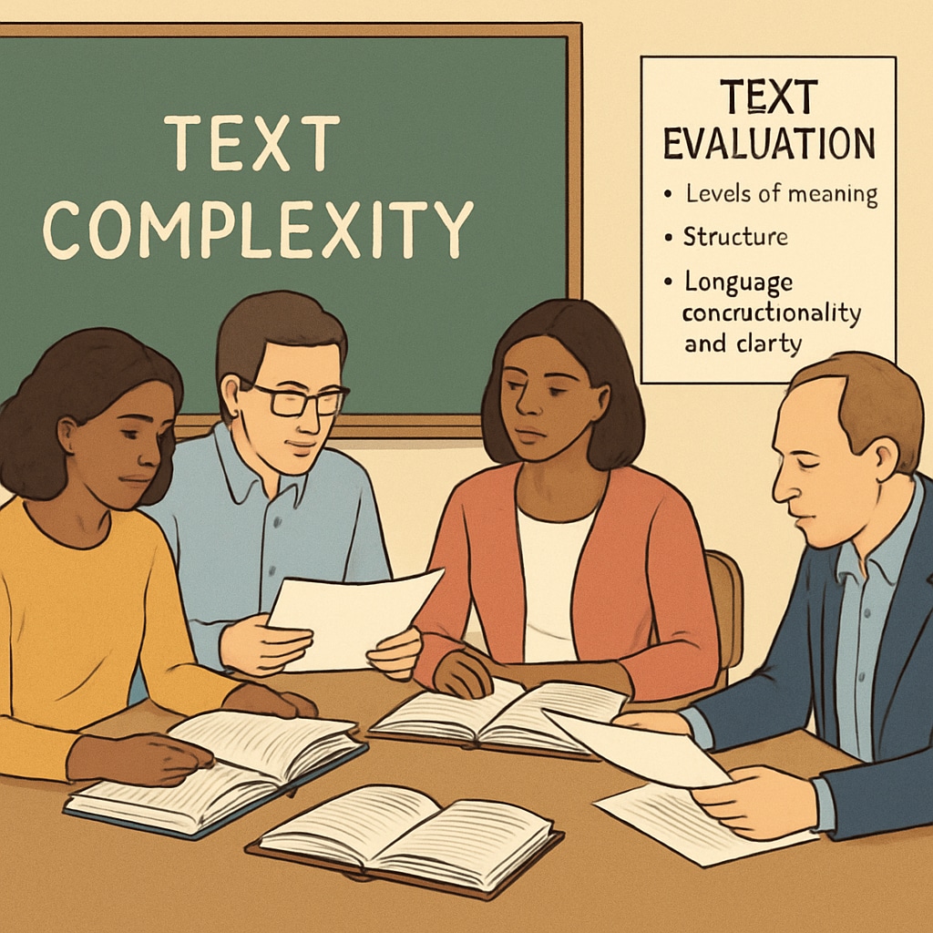 Teachers collaborating on text complexity in a classroom setting.