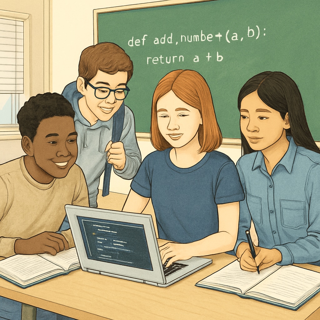 High school students collaborating on a coding project, symbolizing practical skill development in K12 education. High school students learning IT skills through coding projects.