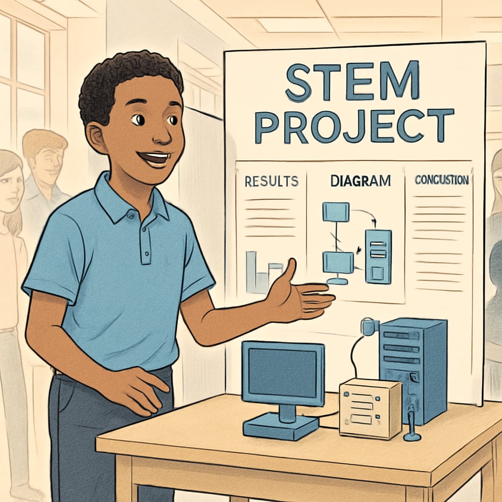 A student presenting their STEM project at a school science fair, illustrating early engagement in IT-related fields. Student showcasing a STEM project at a school science fair.