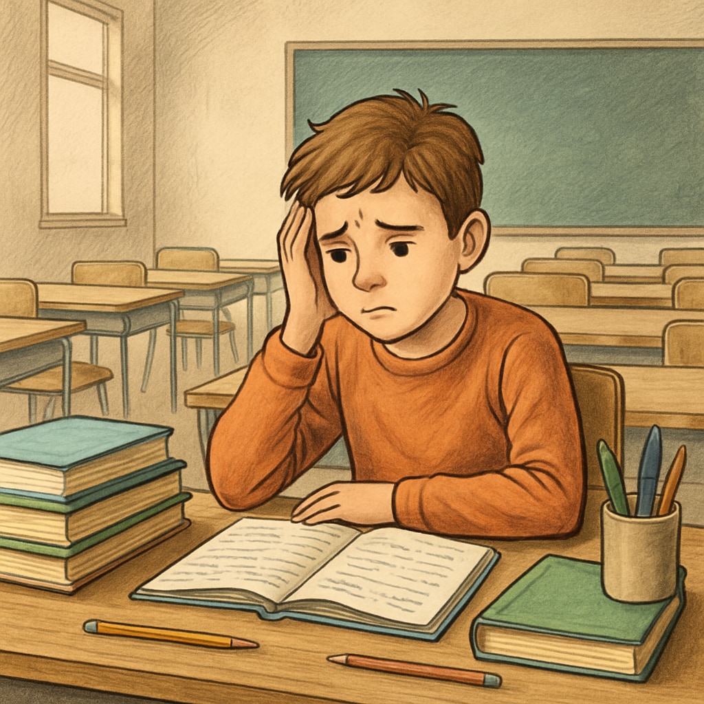 A concerned student sitting alone with homework, symbolizing the impact of missed schooling. A student sitting alone at a desk with books, representing missed education due to mental health challenges.