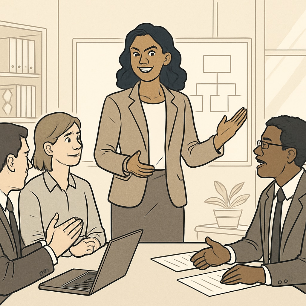 A confident woman entrepreneur interacting with her team in a professional setting, illustrating effective communication in practice. Woman entrepreneur practicing Sadhguru's communication techniques with her team.