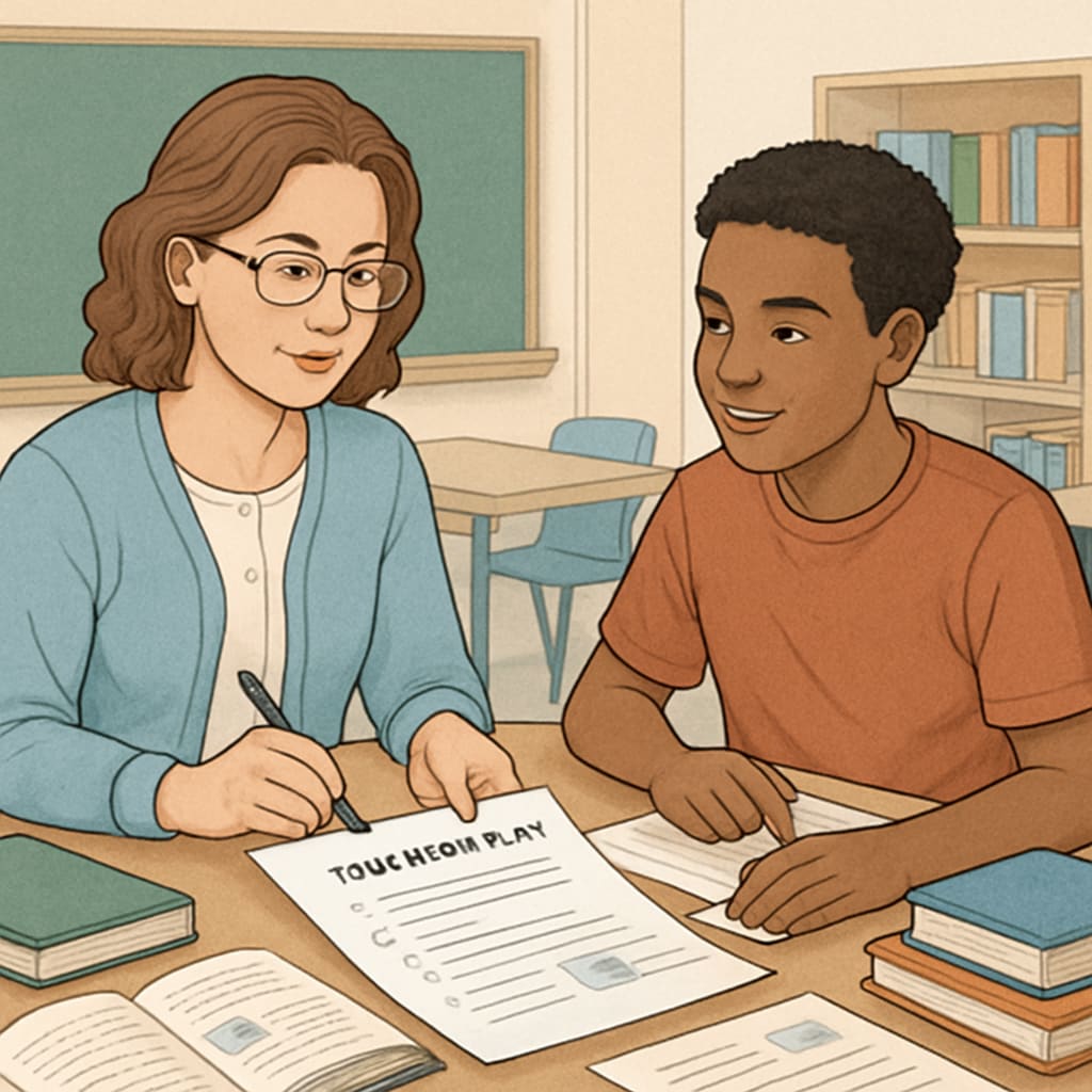 A teacher and student discussing a personalized education plan in a classroom setting. A teacher and student working together on a personalized education plan to address mental health and ADHD support.
