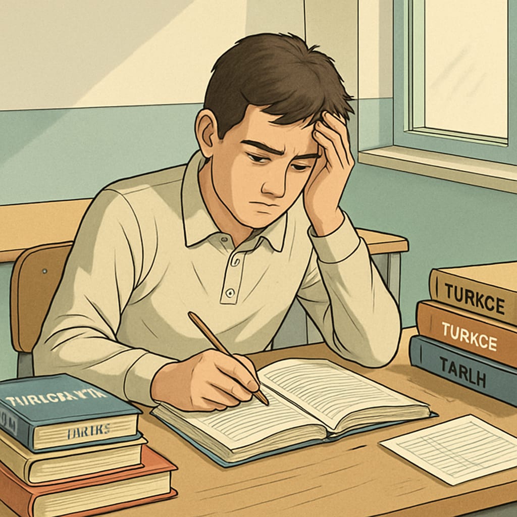 A high school student in Turkey studying with textbooks, showcasing the pressure of standardized exams. Turkish student studying intensely for a standardized exam, reflecting exam pressure.