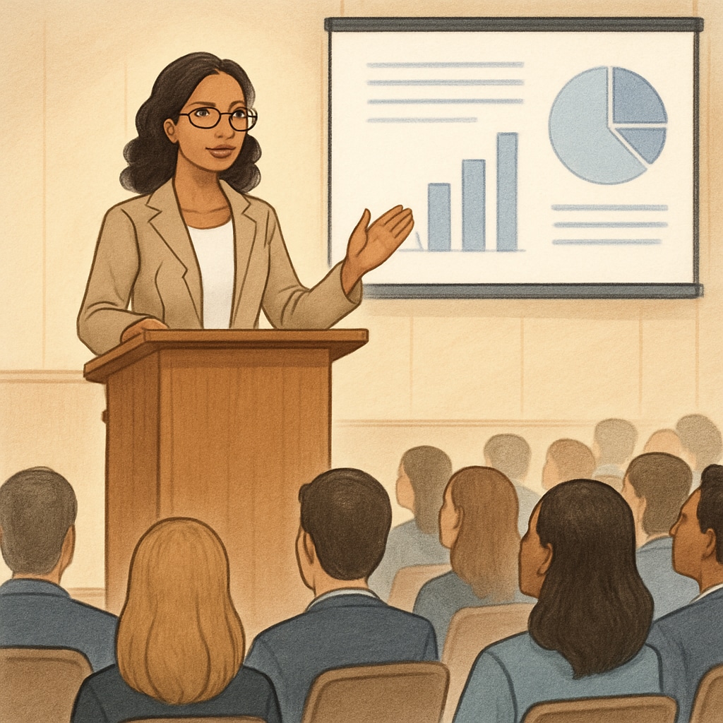 A woman entrepreneur delivering a presentation confidently to a large audience, reflecting the impact of mindful communication. Woman entrepreneur delivering a speech, showcasing the results of Sadhguru's communication practices.