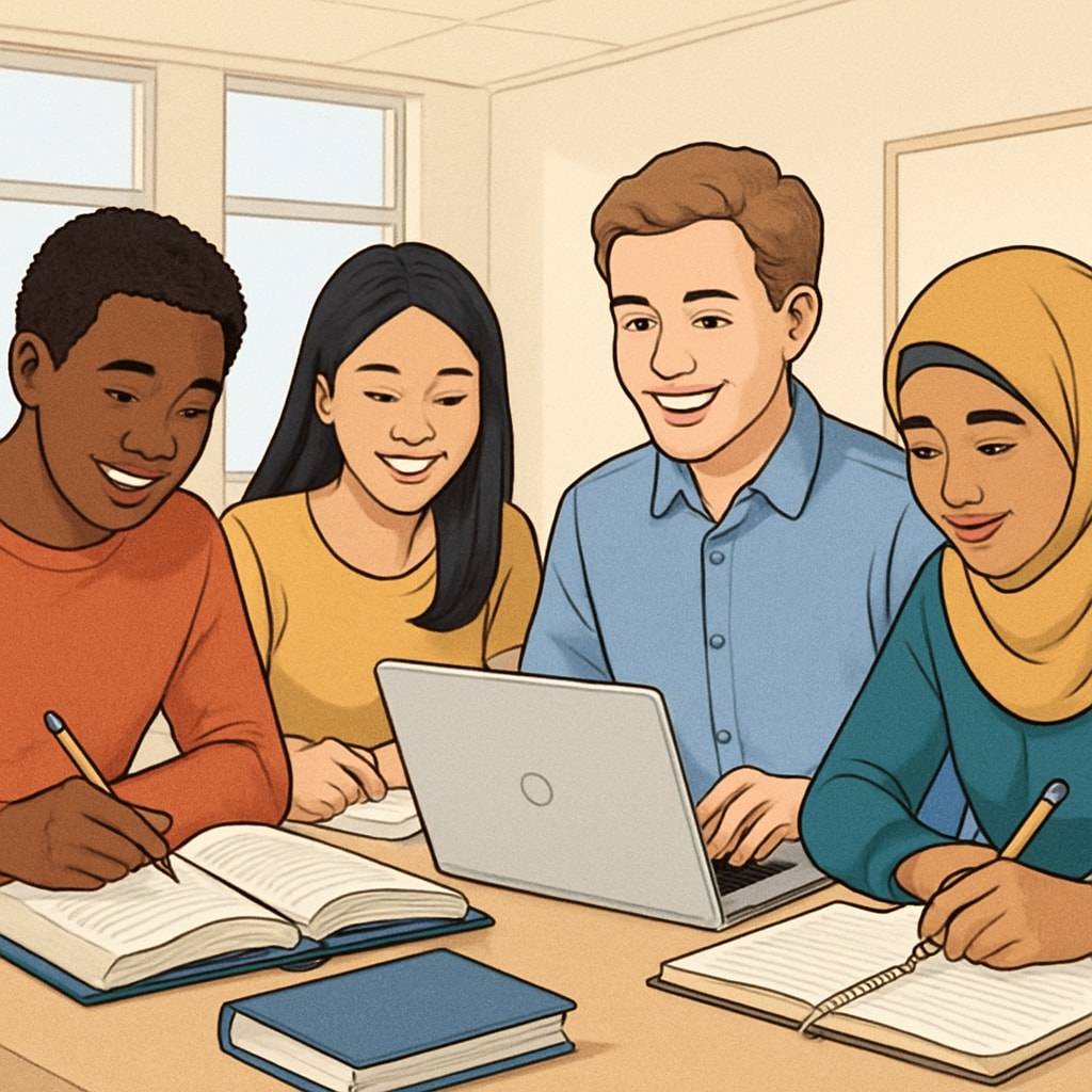 A group of diverse international students studying together, symbolizing collaboration and academic success. Group of international students studying data science together.