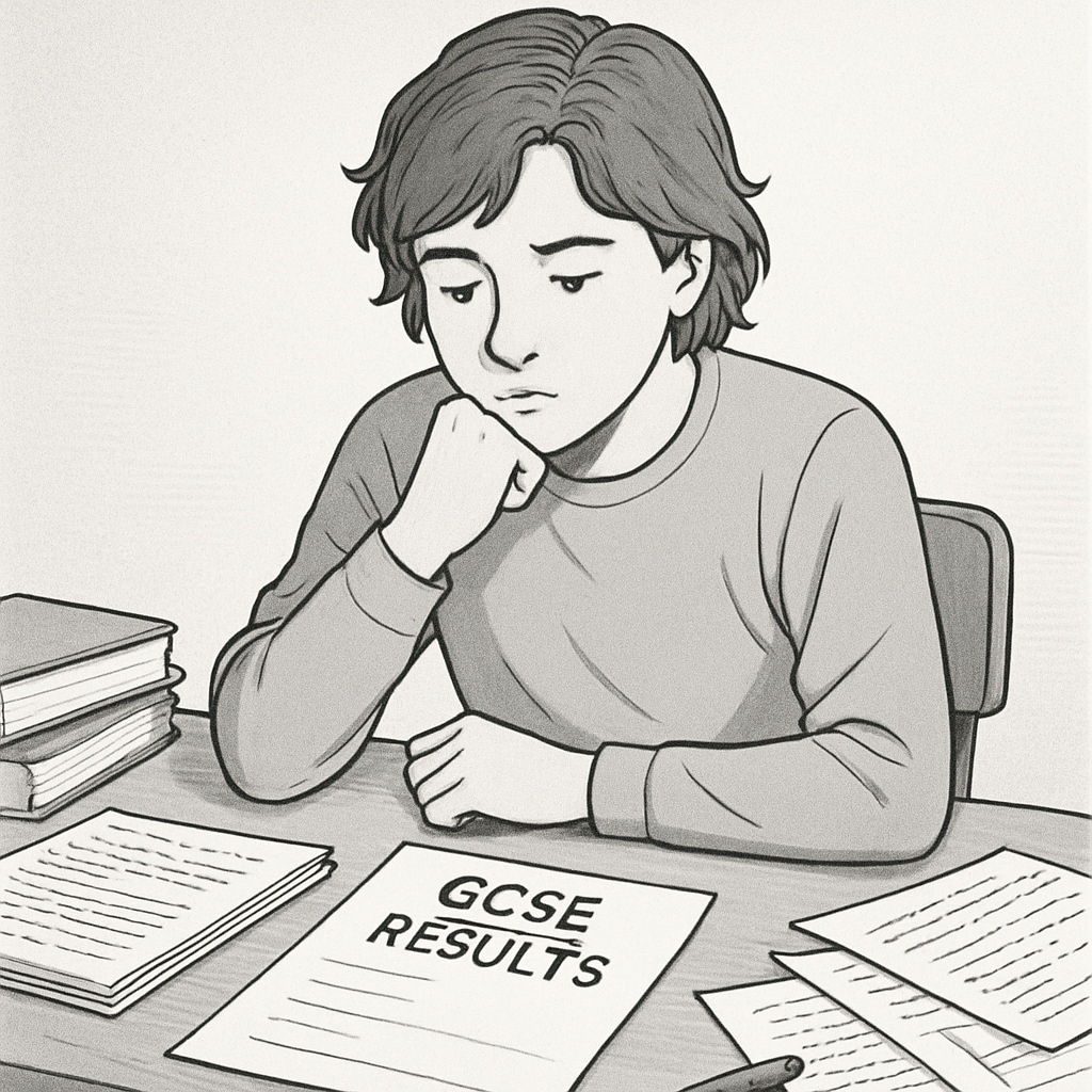A thoughtful student reflecting on their GCSE results at a desk, with books and notes scattered around. A student reflecting on their GCSE results, symbolizing academic anxiety and future prospects.