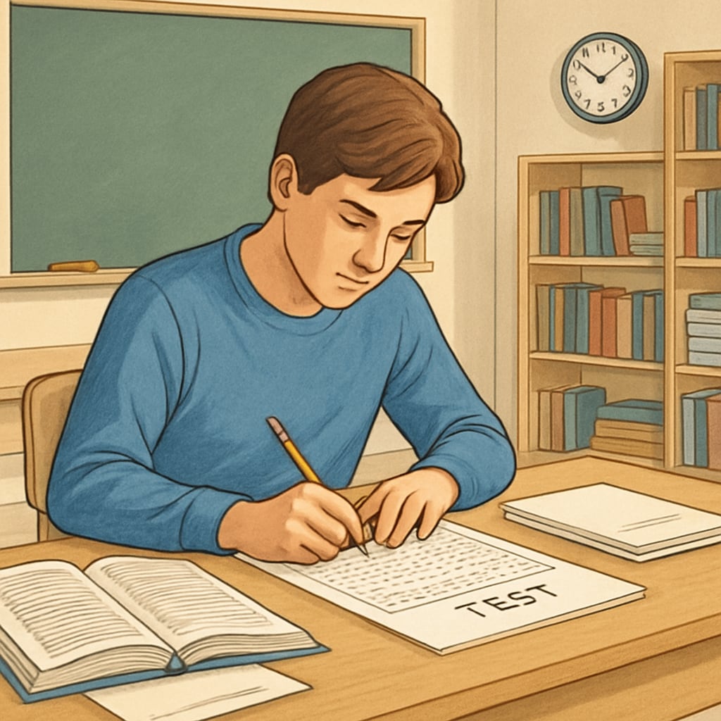 A student taking a standardized test in a classroom setting, representing preparation for university applications. Student taking a standardized test for university applications.