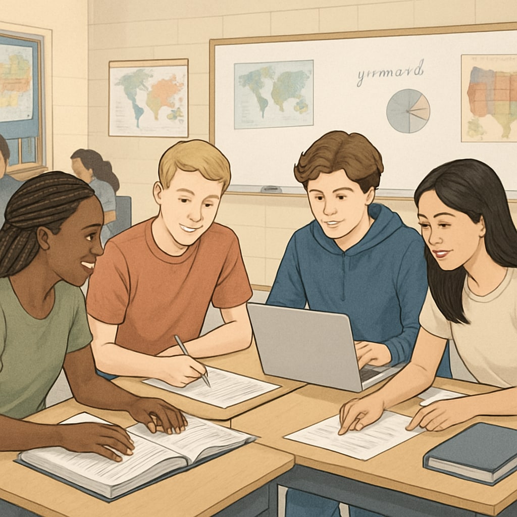 A high school classroom in the United States, with students engaging in a group project and collaborating. U.S. education system classroom with students working on group projects, emphasizing creativity and collaboration.