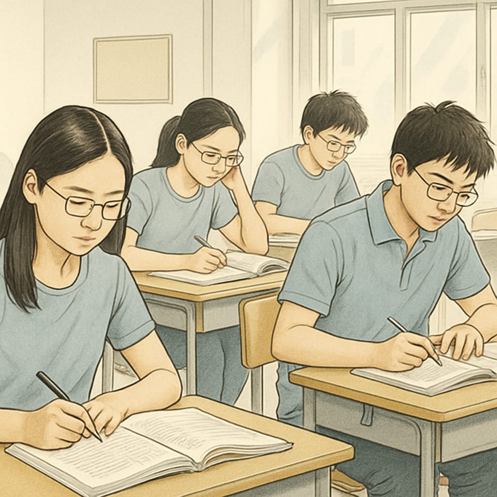A group of Chinese students in a classroom setting, intensely focused on their textbooks and preparing for exams. Chinese education system classroom with students focused on test preparation, highlighting academic rigor.