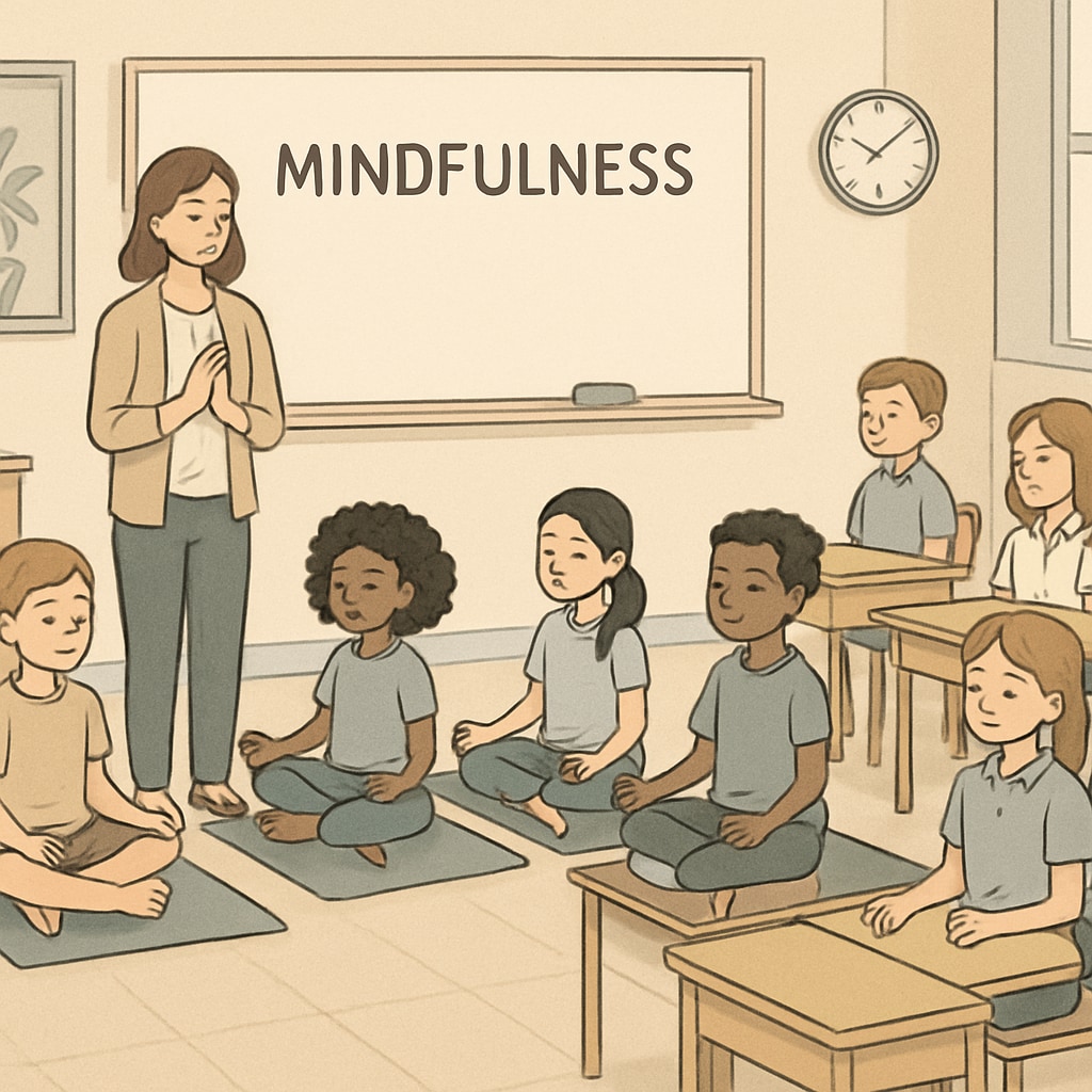 Students practicing mindfulness as part of a yoga-inspired K12 education program.