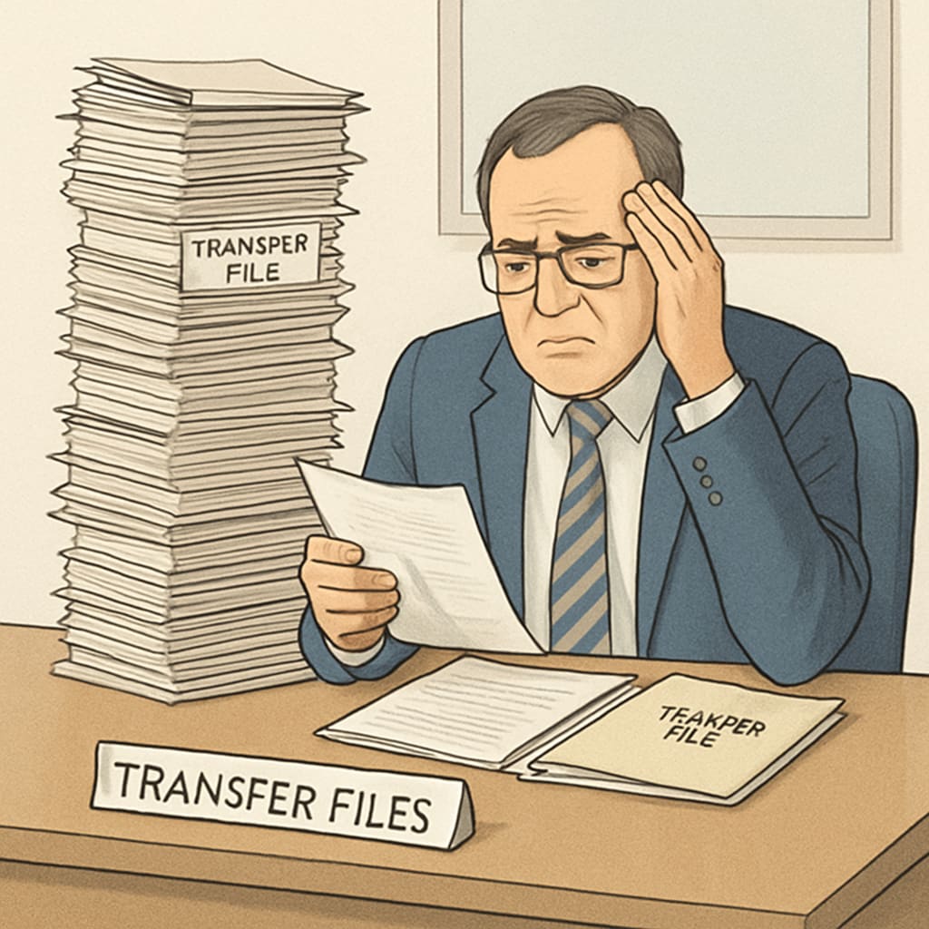 A school administrator looking at a stack of transfer files, appearing overwhelmed. The image reflects the systemic inefficiencies in managing special needs school transfers. School administrator overwhelmed by transfer paperwork, emphasizing systemic flaws in special needs education.