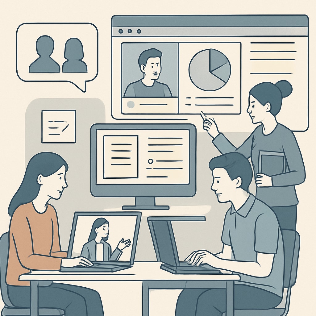 A professional setting where students are learning online, showcasing computers and collaboration tools. Students using online platforms to enhance career competitiveness through dual degrees.