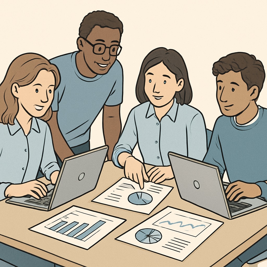 A group of international students collaborating on a data science project, with laptops and graphs visible. International students working on a data science project.