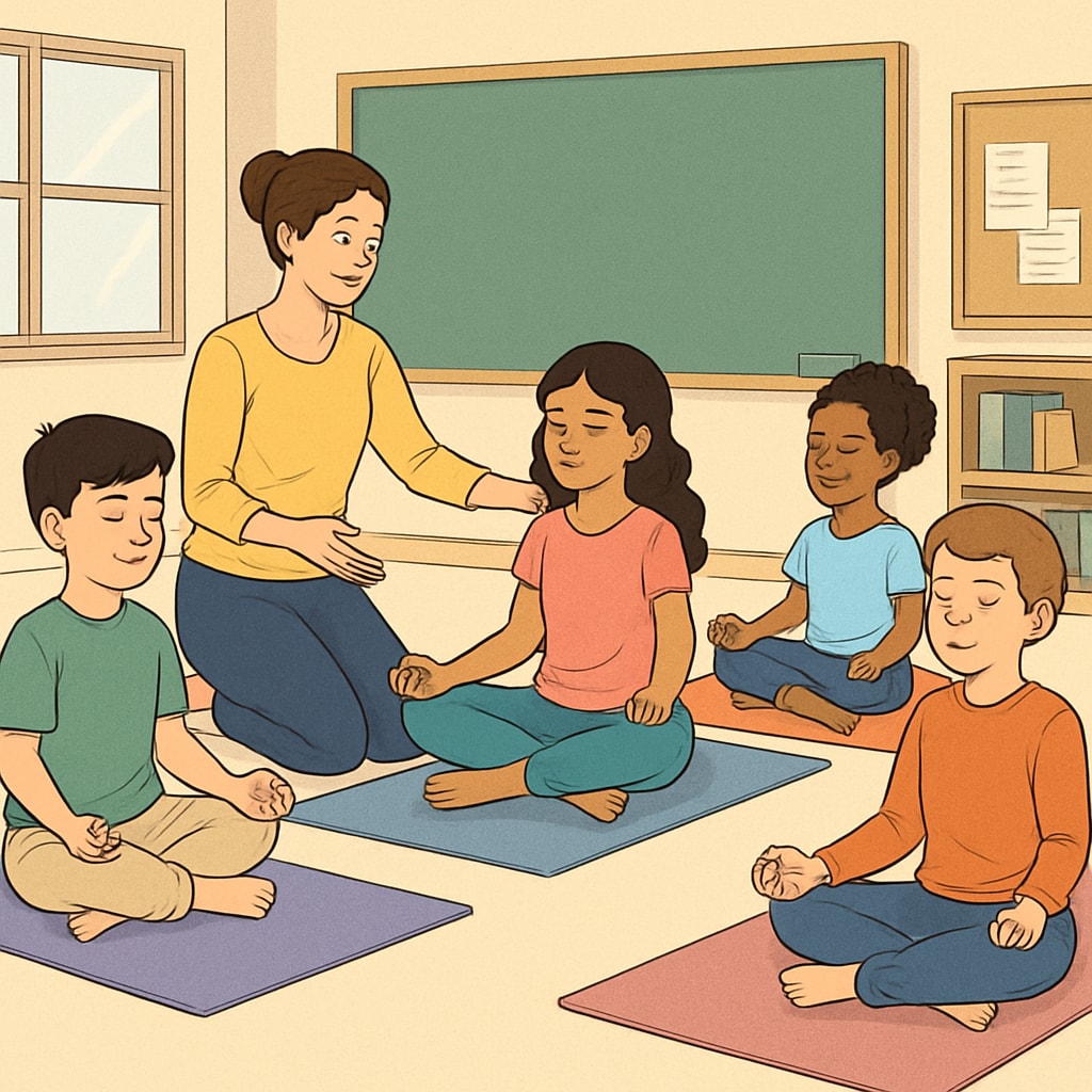 Educator guiding students through yoga exercises in a K12 classroom setting inspired by Sadhguru’s methods.