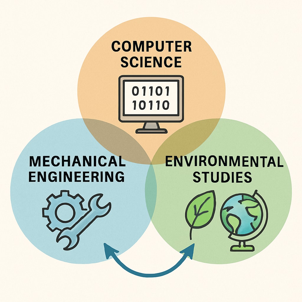 A diagram illustrating the intersection of mechanical engineering with computer science and environmental studies. Diagram showing how mechanical engineering connects with other disciplines through online learning.