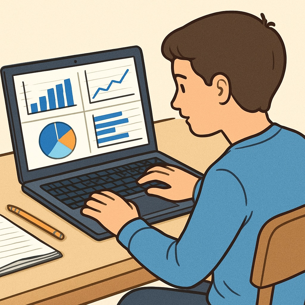 A student analyzing data on a laptop, with graphs and charts displayed on the screen. Student analyzing data for a data science project.