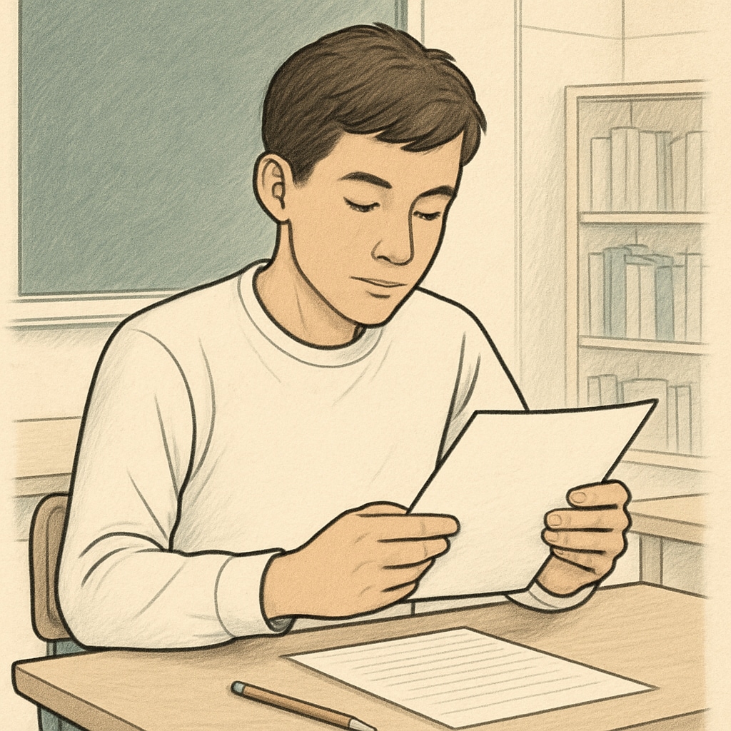 A student sitting at a desk, looking contemplative while reviewing a piece of paper. The image symbolizes reflection after receiving exam results. Student reviewing GCSE results, academic anxiety, and career prospects