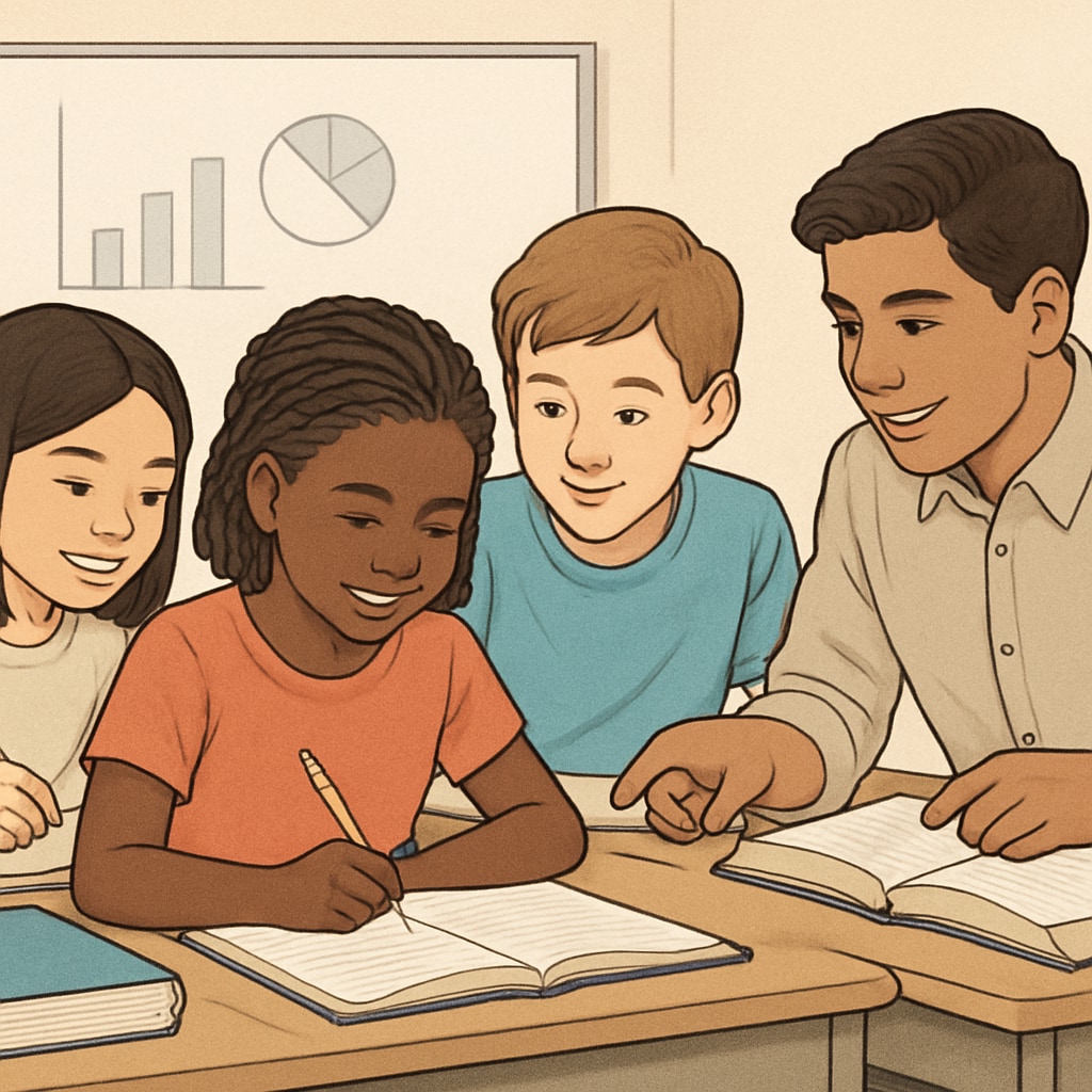 A group of diverse American students in a collaborative classroom setting, symbolizing equality-focused education. American education equality classroom with diverse students.